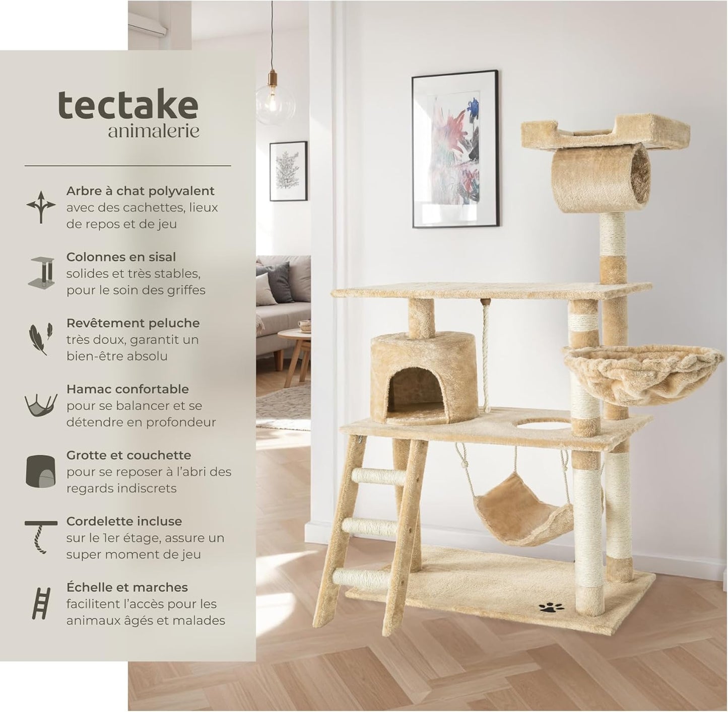 Arbre à chat avec plusieurs espaces de jeu et de repos