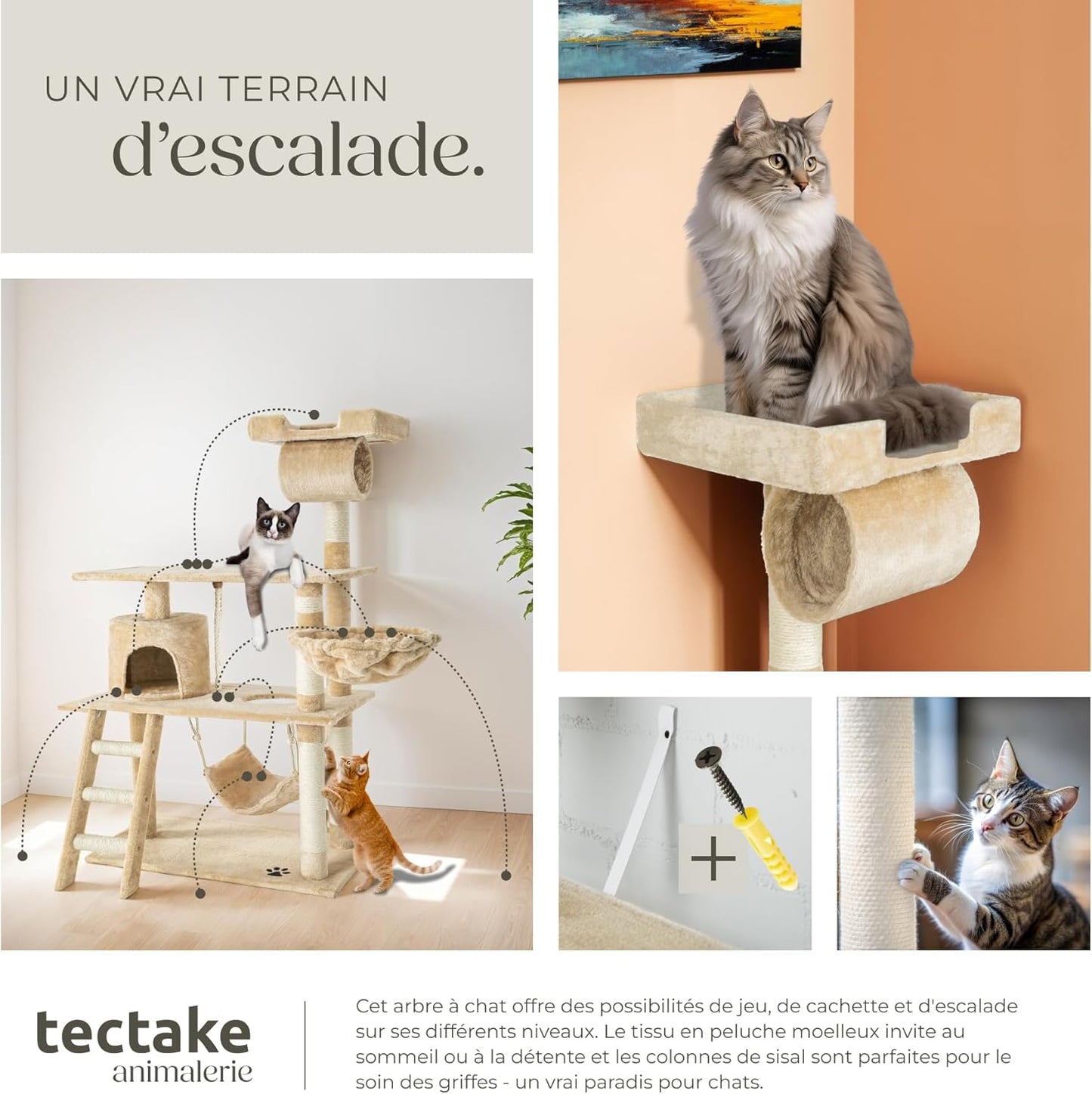 Arbre à chat avec plusieurs espaces de jeu et de repos