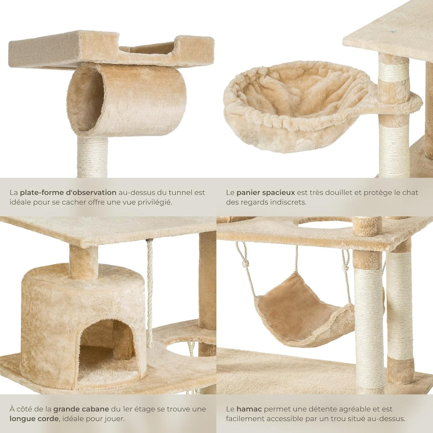Arbre à chat avec plusieurs espaces de jeu et de repos